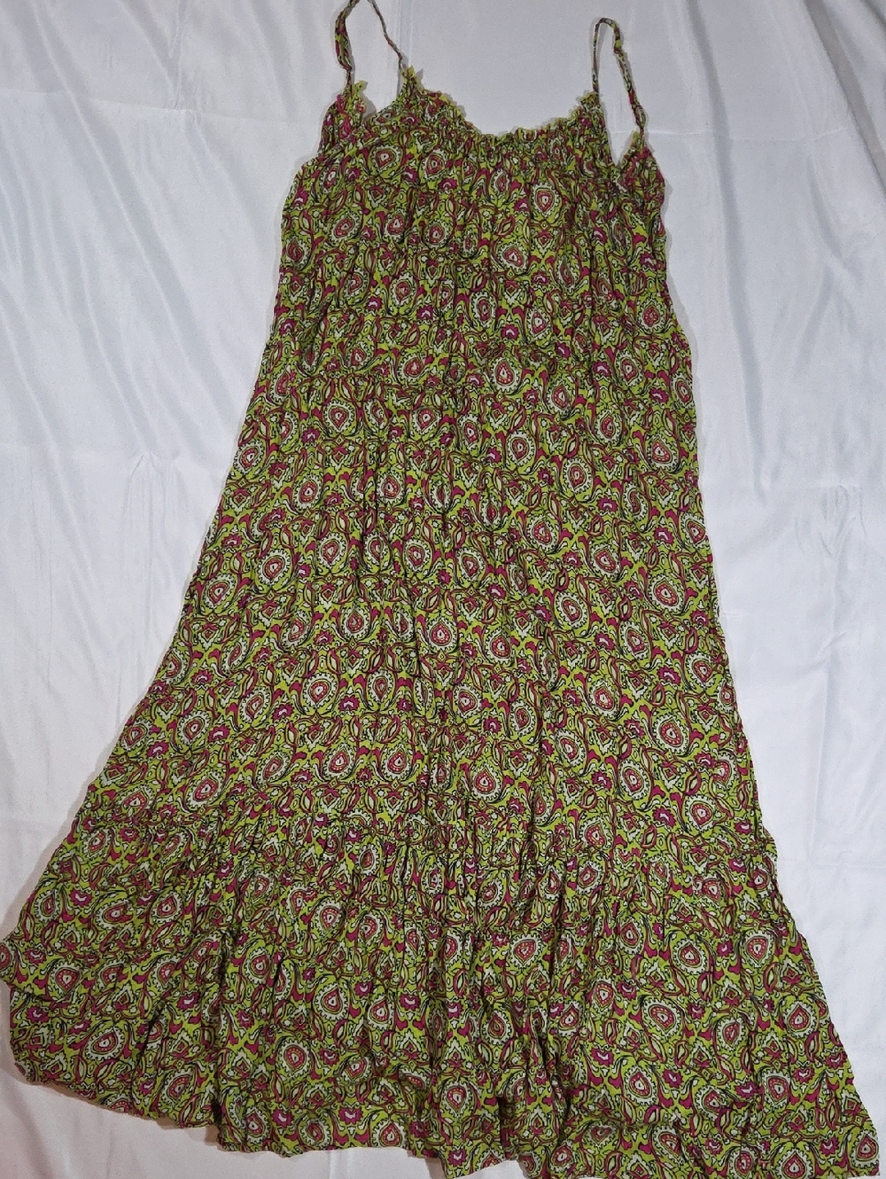 Anthropologie Flounced Maxi Lounge Dress in Citron Green Magenta Women's Small